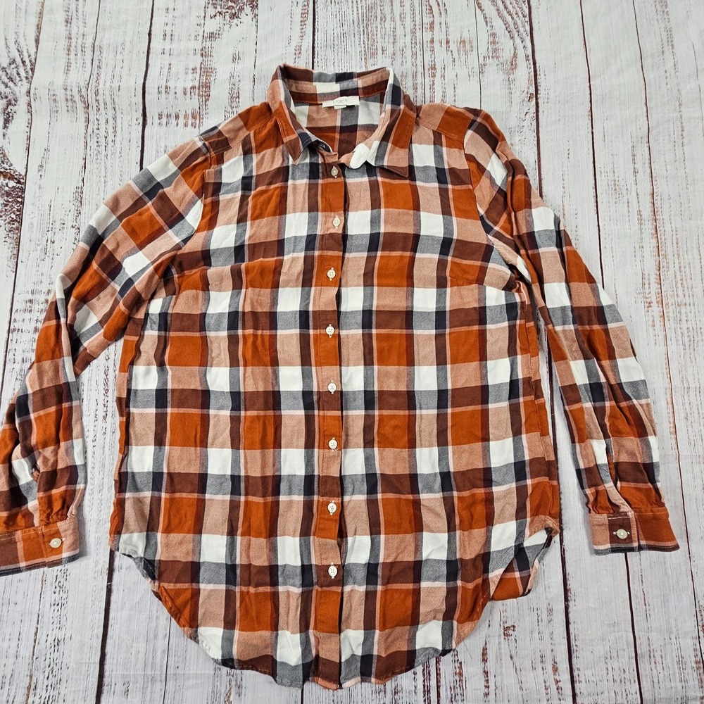 Loft Outlet Orange Plaid Lightweight Flannel Button-Up Shirt Women's M